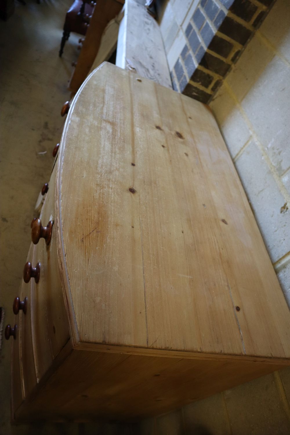 A Victorian pine bowfront chest, width 107cm, depth 58cm, height 104cm